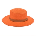 Detail of bright orange straw boater hat featuring brown leather band and gold buckle - M (56-58cm) / Orange