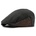 British style herringbone flat cap with contrast stitching in dark grey and brown - M (56-58cm) / Black & Coffee