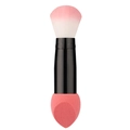 Detailed view of dual-ended makeup brush with soft fiber bristles and pink sponge tip - Slanted Cut / Watermelon red