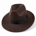 Detailed side view of dark brown wool fedora with black grosgrain ribbon trim - M (56-58cm) / Coffee