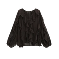 Elegante camicetta nera in chiffon con scollo a V, balze a strati e bottoni frontali - caffè