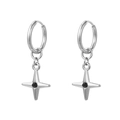 Detail view of silver titanium hoop earring with star pendant and black stone inlay - H5012 Starburst Pierced Earrings / Silver