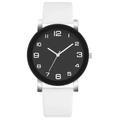 Minimalist quartz men's watch with black dial, white numerals, and white leather strap - Black Dial White Strap / White Black