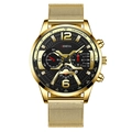 Fashionable men's quartz watch featuring a gold mesh strap and black multi-dial face - Gold