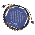 Détail du bracelet en perles code Morse avec oeil de tigre et billes noires mates sur carte - Fille (Daughter)