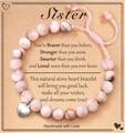 Pink natural stone beaded bracelet with silver heart charm on a sister greeting card - Pink Zebra + sister Card