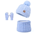 Light blue 3-piece kids knitted set with earflap hat, neck warmer, and touch gloves - Lake Blue
