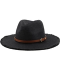 Classic black straw fedora sun hat with fringed brim and brown leather band detail - M(56-58cm) / Black