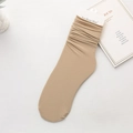Women's light khaki ribbed crew socks in velvet ice silk with premium brand card - One Size / Light Coffee