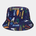 Detail of dark blue reversible bucket hat featuring vibrant summer surfing prints and Aloha text - Dark Blue Surfing Theme Style