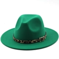 Detail of green fedora hat featuring leopard print band and golden square metal buckle - M (56-58cm) / Grass Green