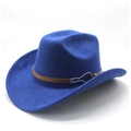 Close-up of royal blue felt cowboy hat with brown leather band and silver metal buckle detail - M(56-59CM) / Sapphire Blue