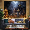 Detailed Halloween wall tapestry with glowing pumpkins and eerie castle in a cozy living room - WSJ007-Graveyard Pumpkin