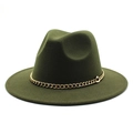 Classic dark green fedora hat for men and women with decorative gold chain accent - 58cm One Size / Army Green