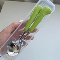 Green dinosaur handle stainless steel spoon and fork set in clear portable storage box - Green Dinosaur Spoon Fork Set (With Box)