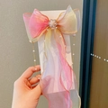 Fermaglio per capelli con fiocco in organza sfumata rosa e gialla e nappe di perle - Fiocco Stile Rosso Rosa (A190-03)