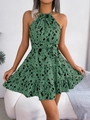 Green leopard print halter dress with waist tie and ruffled hem for summer style - S / Green