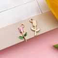 Rose flower shaped metal pendant in gold and pink enamel finish with green leaves - 9x18mm-0.5g / Pink Enamel Rose