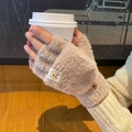 Light brown plush fingerless gloves with convertible flip top and button detail - One Size / Khaki (Simple Style)