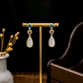 Chinese vintage teardrop earrings with white chalcedony, red agate, and blue enamel - E3354-2/White Chalcedony Cloud