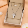 Luxurious silver cross necklace with pavé stones in a premium jewelry gift box - 9212 / Silver