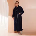 Men's navy blue thickened coral fleece long bathrobe with stylish white trim piping - M / Navy Blue (Men)