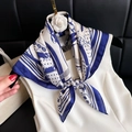Blue and white silk scarf with nautical chain pattern tied on a white summer dress - 68 Square Scarves / 65