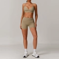 Women's two-piece recycled yoga set with V-neck sports bra and high-waist shorts in khaki - 8998 Bra + 8998 Shorts Dark Khaki