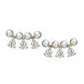 Elegant gold pearl studs with four white pearls and three pear-shaped zircon stones - Golden Row Pearl Rhinestone Stud Earrings (GPE44)