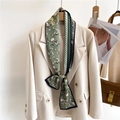 Floral skinny silk scarf on beige blazer with green floral pattern and geometric stripes - Green Base White Floral Geometric (LJ21-H138)