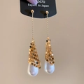 Orecchini pendenti lunghi placcati oro 18k con perle a goccia e rete metallica - 925 Sterling Silver Earring Post Stile Lungo (WE4277) / Placcato Oro Vero Oro