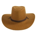 Dettaglio macro del cappello da cowboy in camoscio marrone con cinturino intrecciato - Finto Feltro Giallo Scuro-Corda Caffè