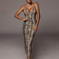 Sleeveless bodycon midi dress featuring exotic snakeskin print and V-neck straps - S / Top And Bottom / Snake Print