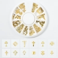 Golden metal nail art charms set with cross and iris patterns in white round organizer box - Cross Series (XY-09)