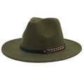 Close-up of olive green wide brim fedora featuring black leather band and gold chain detail - M (56-58cm) / Army Green