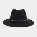 Detail of black fedora hat featuring a turquoise ethnic beaded band on wool felt material - M (56-58cm) / Blue and White Woven Ribbon Style