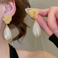 Élégantes boucles d'oreilles rose dorée avec perles gouttes et chaînes à pompons - 44# Boucles d'oreilles gland perle goutte rose maille doré (aiguille en argent)