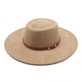 Elegant camel wide-brim felt fedora hat with brown leather band and gold buckle - M(56-59CM) / Camel (Suede)