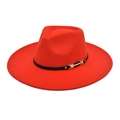Close-up of red fedora hat with fine felt texture and black leather band with gold buckle - M (56-58cm) / Orange Red