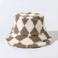 Detailed close-up of soft brown and white checkered faux lamb wool bucket hat texture - M (56-58cm) / Khaki