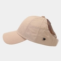 Detail of breathable ponytail mesh opening and metal button on khaki sports baseball cap - Adjustable / Khaki