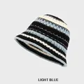 Knitted bucket hat featuring horizontal stripes in light blue, black, and beige colorblock - M (54-58cm) / Light Blue