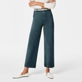 Dark blue stretch wide-leg denim culottes with high waist and white belt accessory - Blue