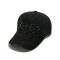 Detail of floral embroidery and distressed raw edges on black denim baseball cap - M(56-58cm) / Black