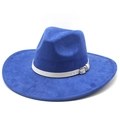 Detail of royal blue wide-brim fedora hat with white leather strap and silver buckle accent - M(56-59CM) / Royal Blue (Suede)