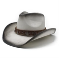 Cappello da cowboy in paglia crema con ciondoli a moneta vintage e fascia etnica - Sfumatura Bianco e Nero