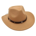 Detail of camel wool fedora with brown leather band and silver star rivet studs - One Size / Camel