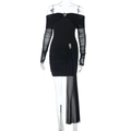 Close-up of off-shoulder black mesh dress with ruched texture and metal buckle accents - S / Black