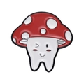 Creative enamel pin featuring a cartoon tooth mushroom hybrid with a winking smile face - Mushroom Tooth (Red/White)