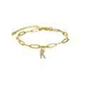 18k gold plated brass paperclip chain bracelet featuring a zircon letter K pendant - Letter K